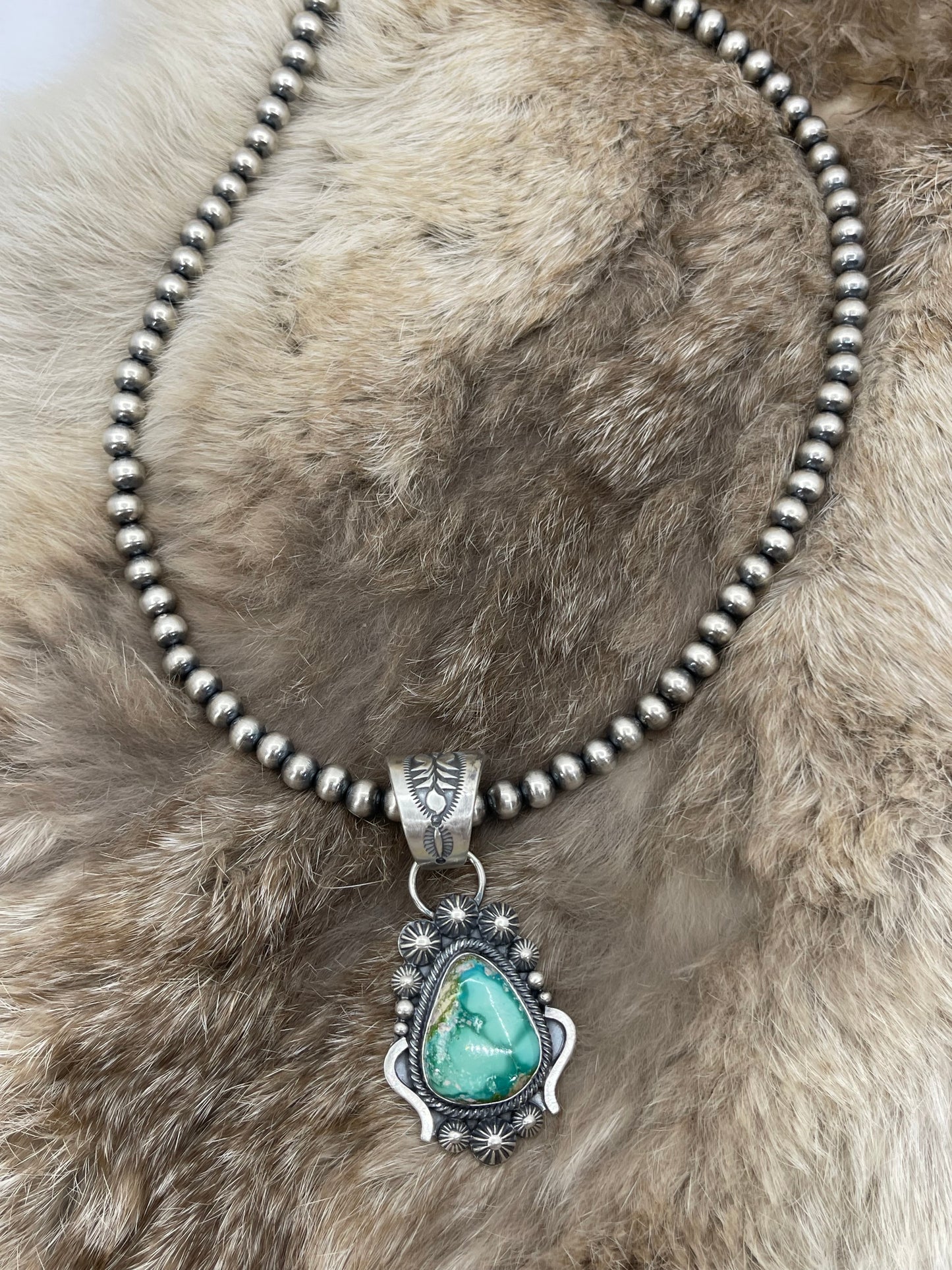 Sonoran Gold Turquoise Pendant with 18" 6mm Navajo Style Pearls by Tom Lewis, Navajo