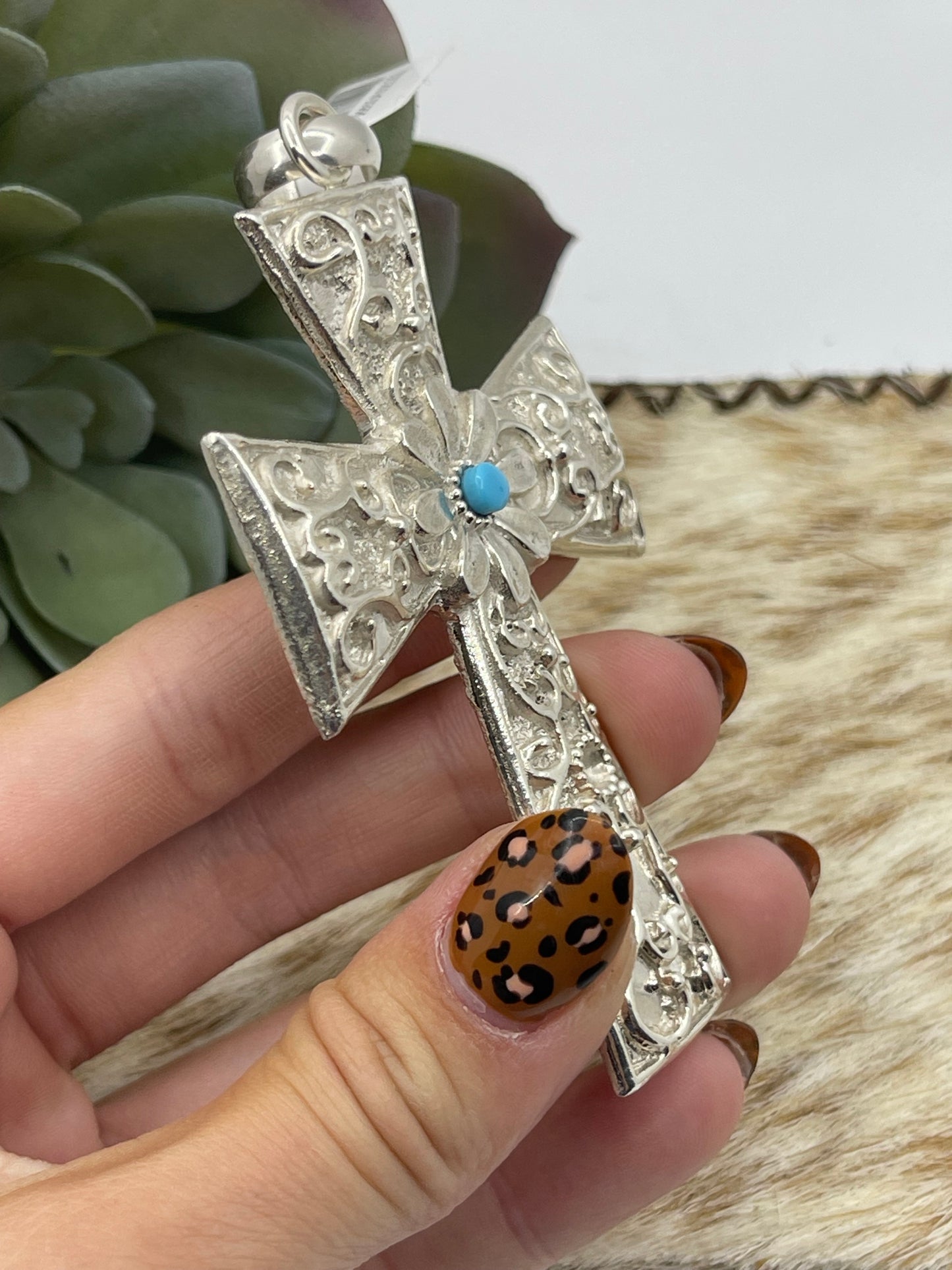Heavy Silver Cross Pendant with Turquoise and a 10mm Bale by Virick Laweka, Zuni