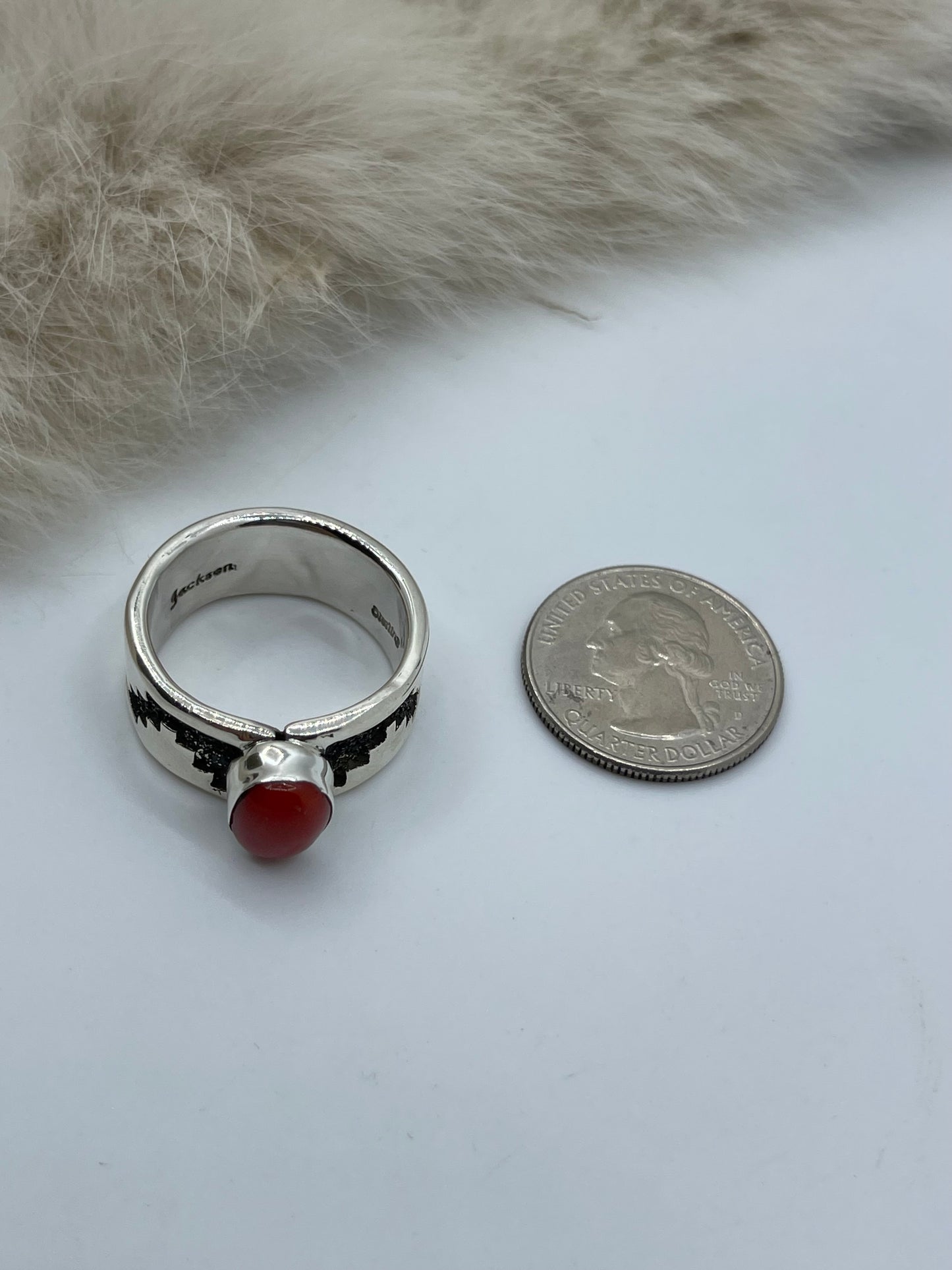 11.0 Red Coral Ring by Marie Jackson, Navajo