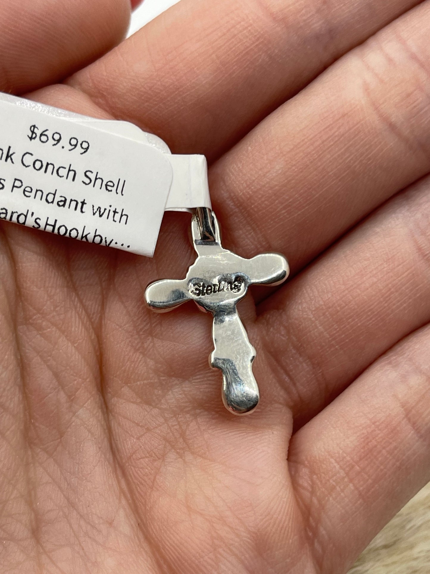 Pink Conch Shell Cross Pendant with a Shepard's Hook by Bryce Vacit, Navajo