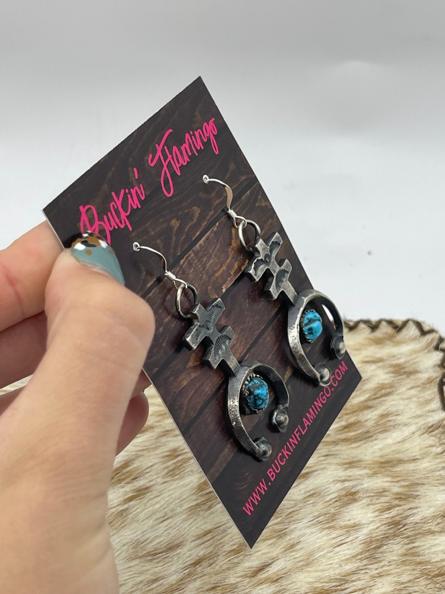 Tufa Cast Naja Turquoise Dangle Earrings by Eva and Linberg Billah, Navajo