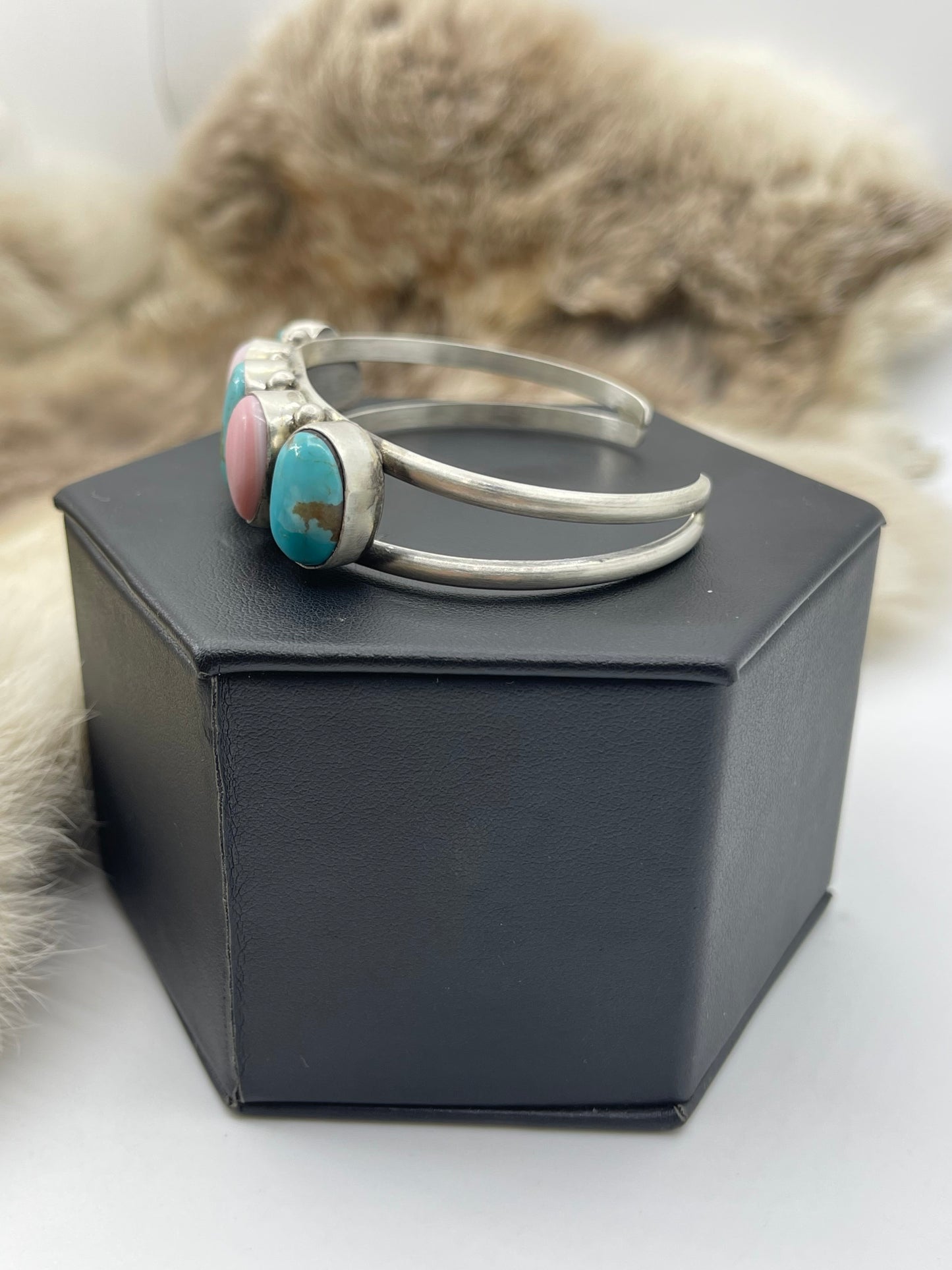 5 Stone Pink Conch & Turquoise Cuff by Augustine Largo, Navajo