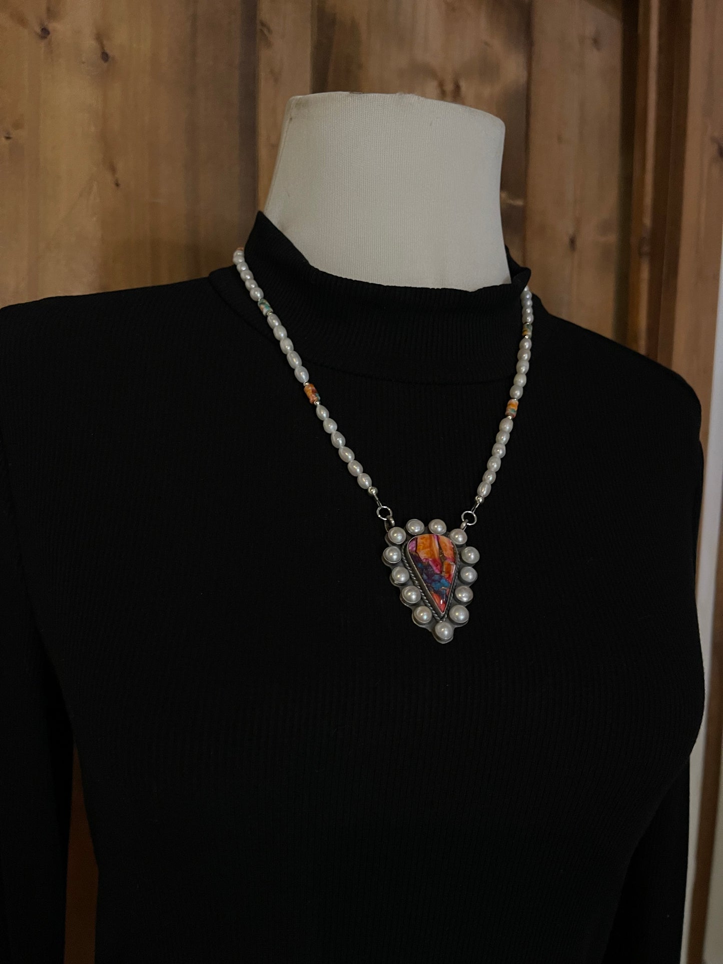 18" Pink Dahlia Necklace with Fresh Water Pearls by TT, Navajo