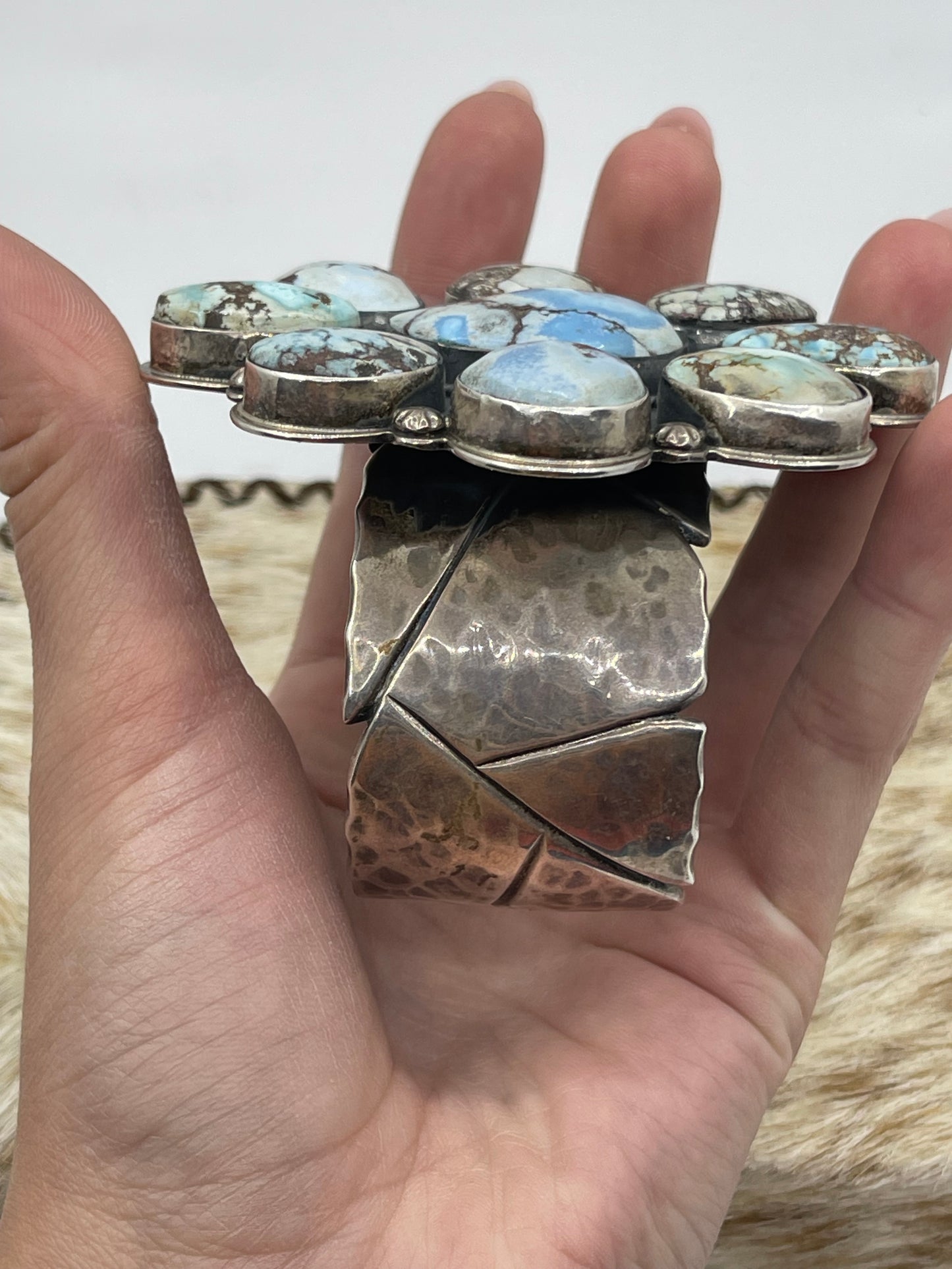 5 3/4"-7" Golden Hills Turquoise Cluster Cuff by Steven Nez, Navajo
