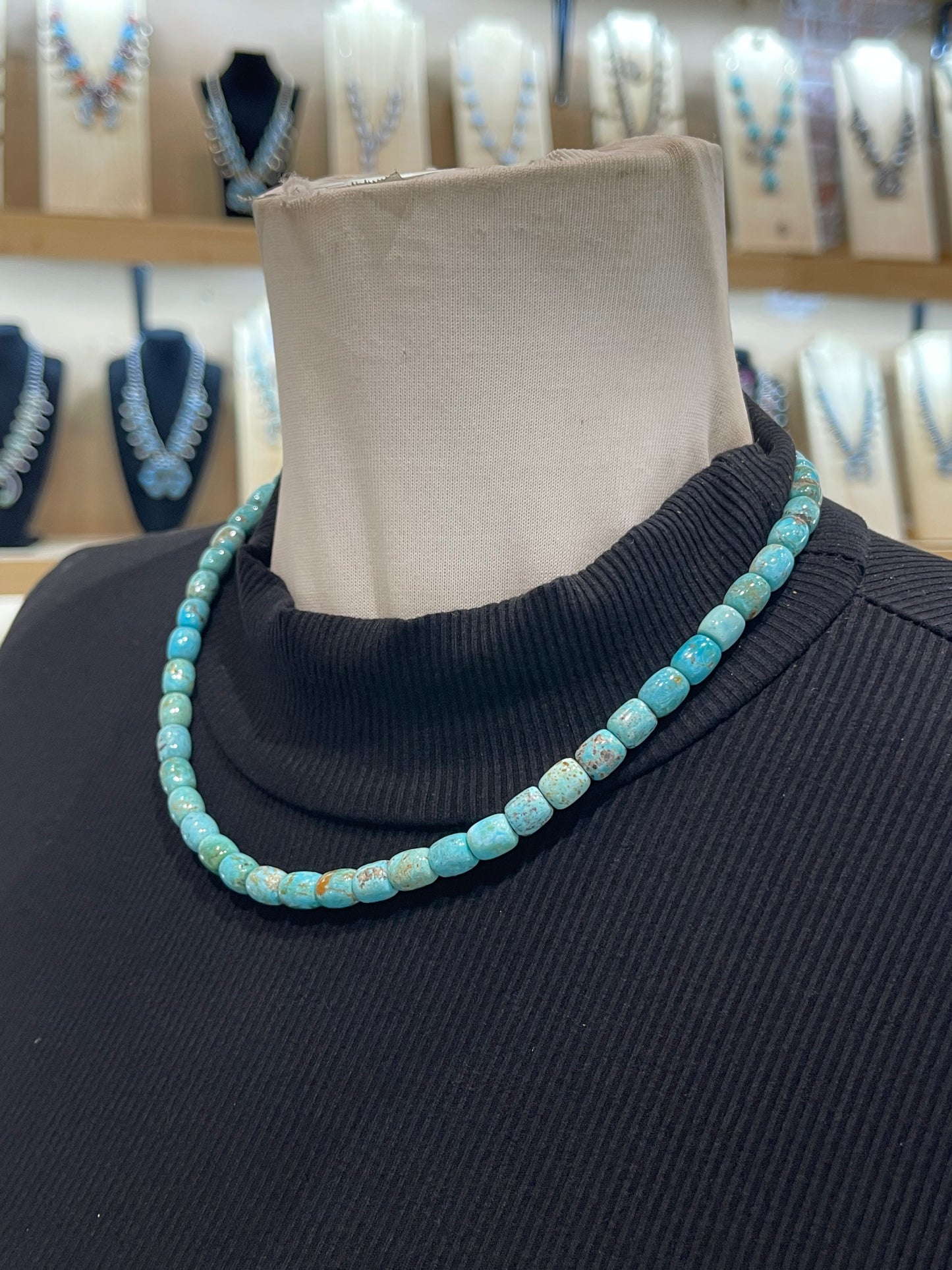 18" Natural Kingman Turquoise Cylinder Bead Necklace by Tammy Nolcott, Navajo