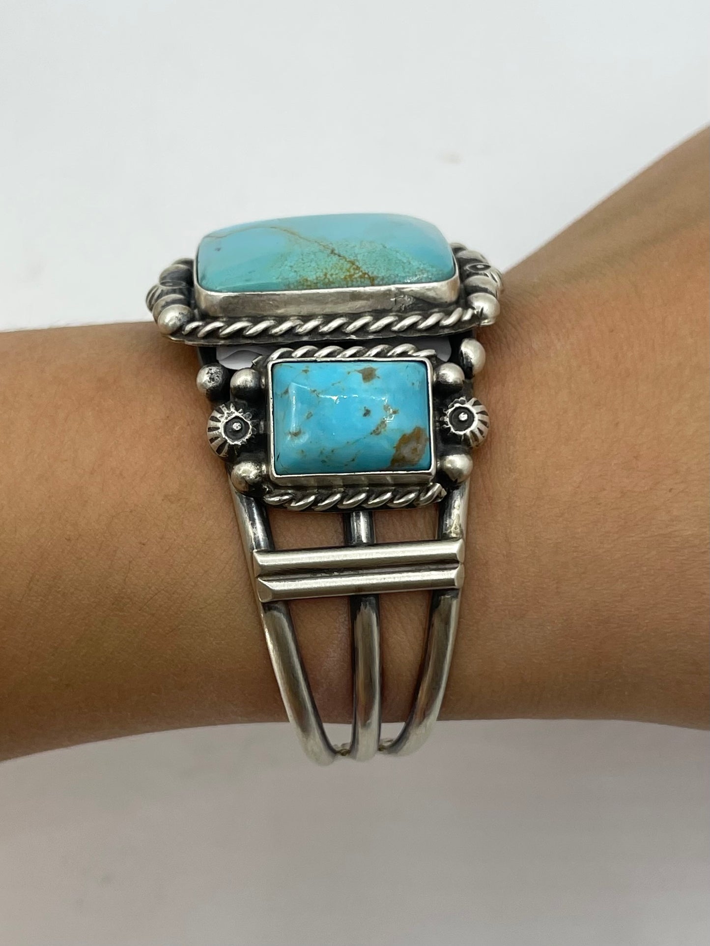 5 3/4"-7 1/4" Kingman Turquoise 3 Stone Square Cuff by Augustine Largo, Navajo