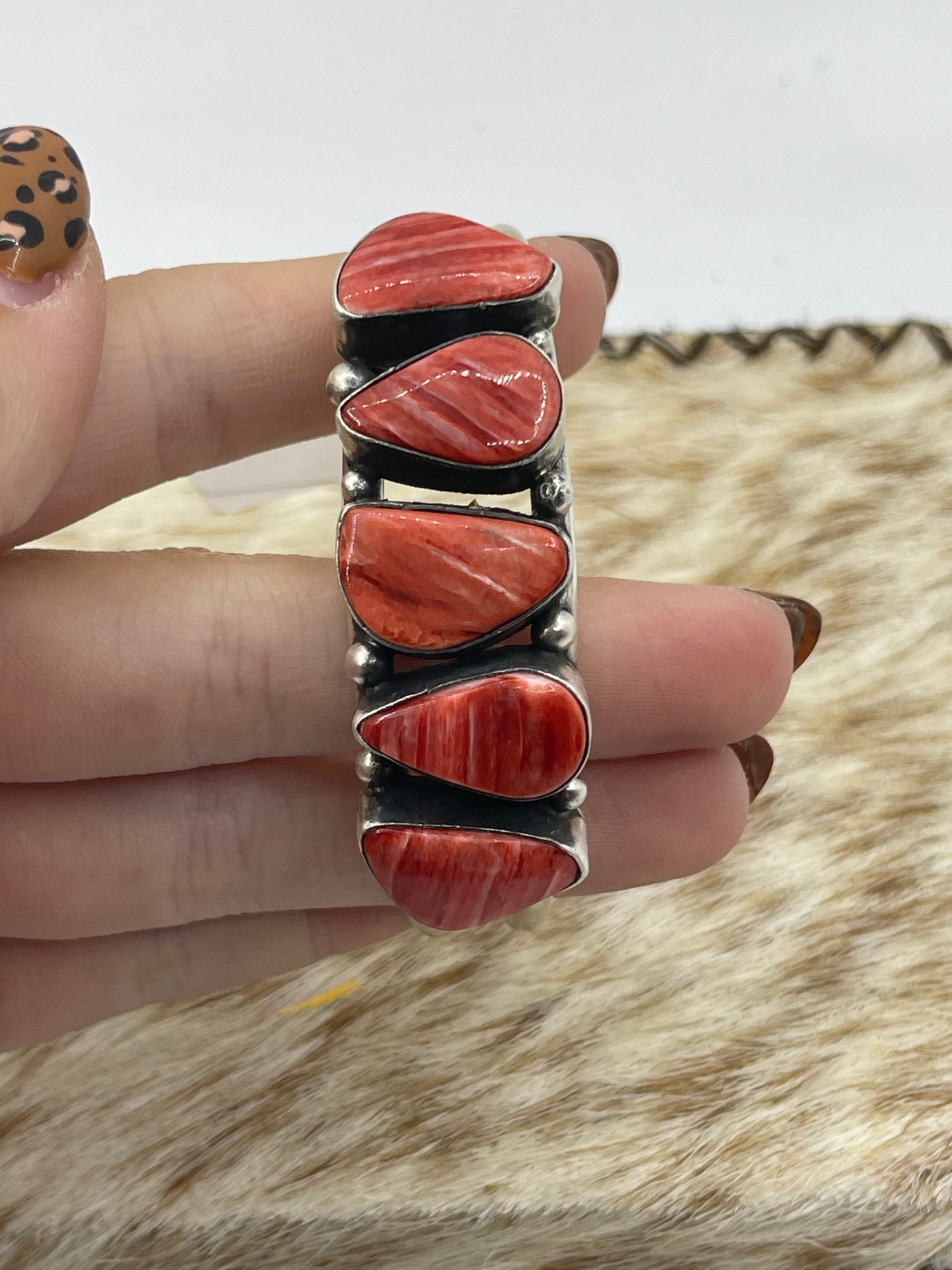 5 Stone Red Coral Cuff by Augustine Largo, Navajo