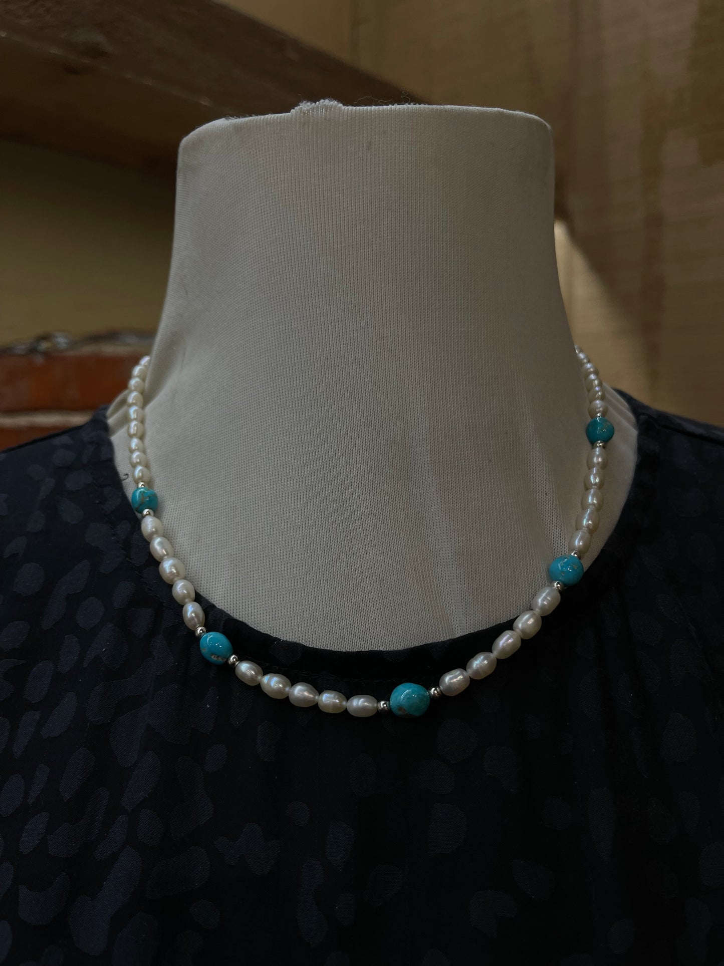 18" Freshwater Pearls and Sleeping Beauty Turquoise Necklace