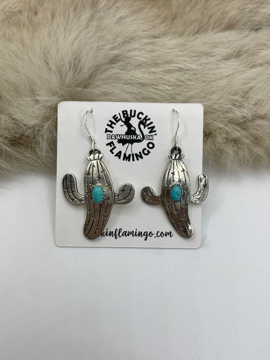 Cactus Dangle Earrings with Turquoise Stone by Jeremy Lee, Navajo