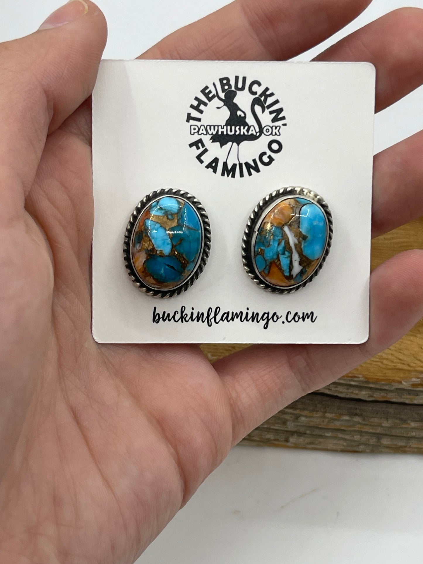 Spiny Turquoise Oval Post Earrings by Judith Dixon, Navajo
