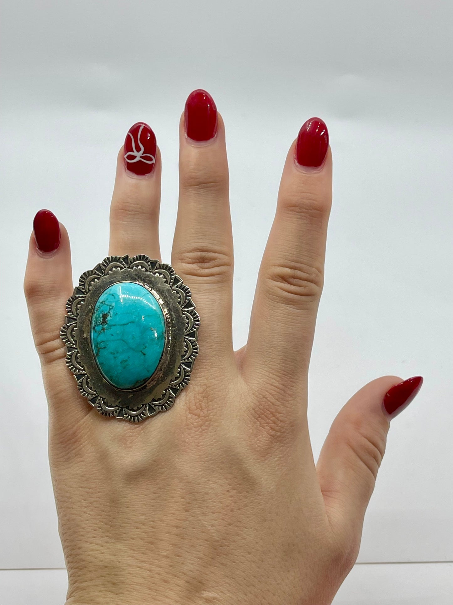 10.0 Oval Kingman Turquoise Ring By Harold Joe Navajo
