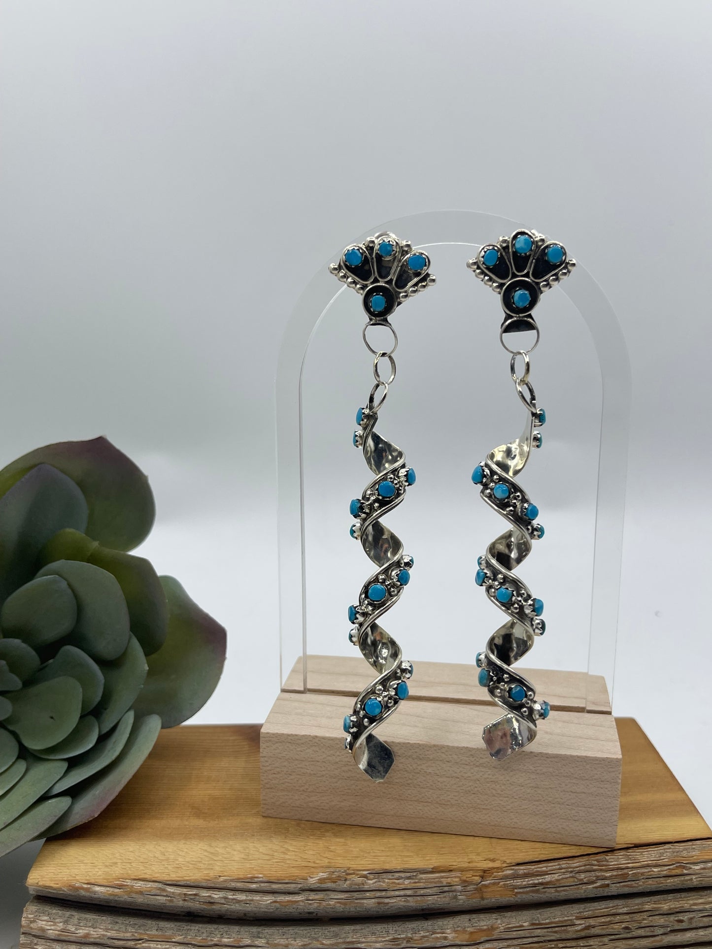 Turquoise Snake Eye Spiral Post Dangle Earrings by Joanne Cheama, Zuni