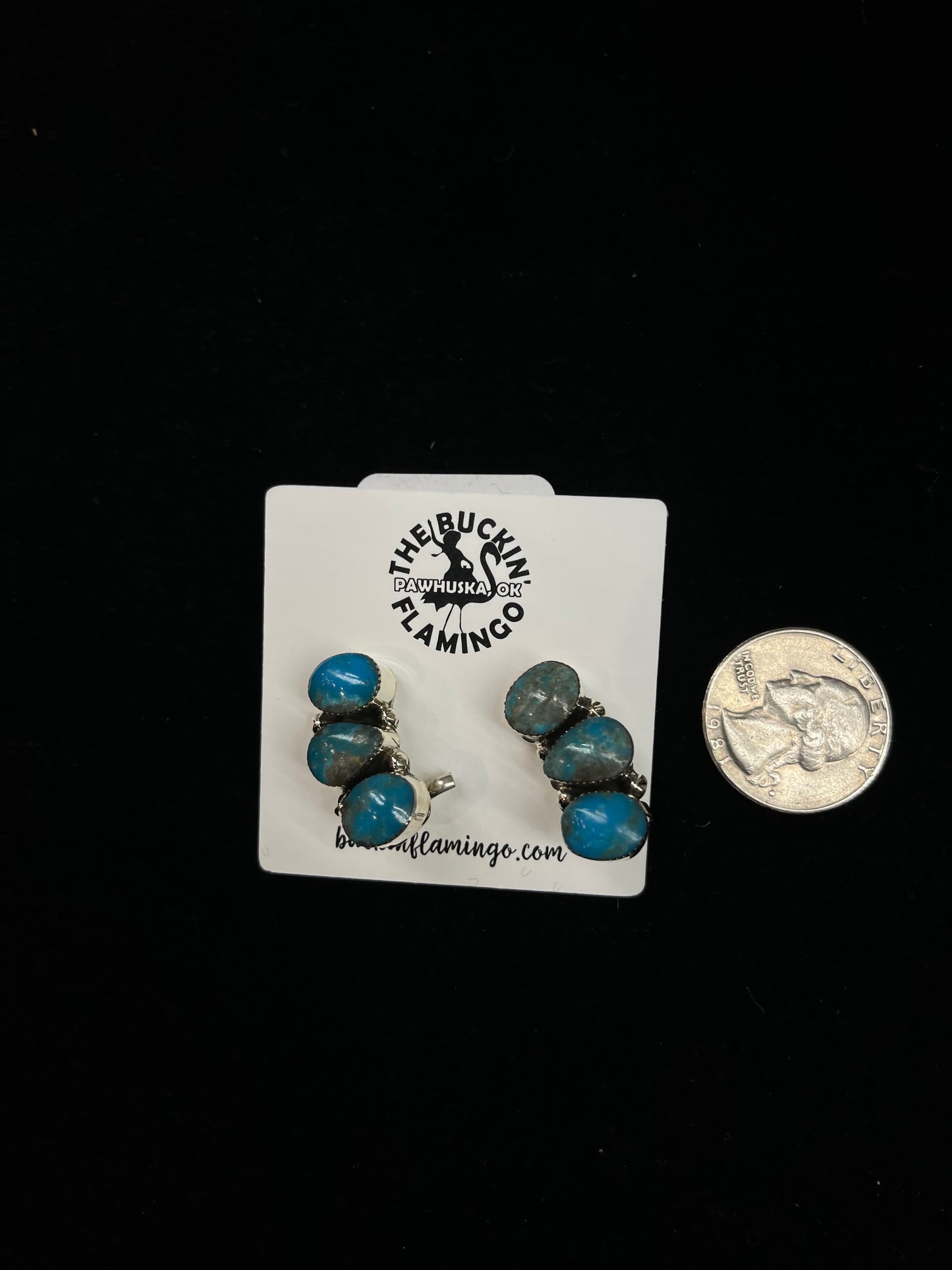 3 Stone Turquoise Mini Ear Climber Post Earrings by David Lopez, Navajo