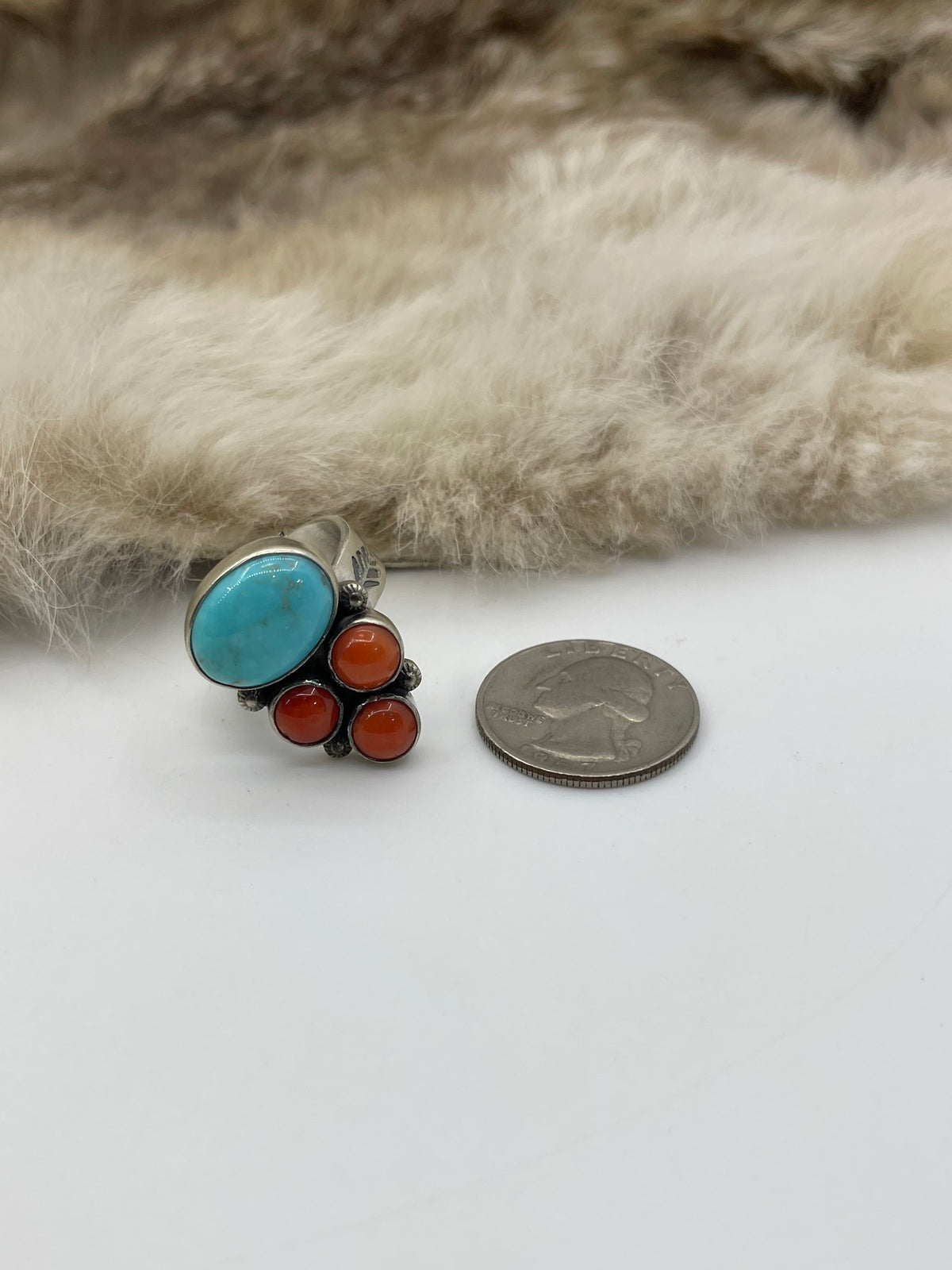 Adjustable 7.0-9.0 Turquoise & Red Coral Ring