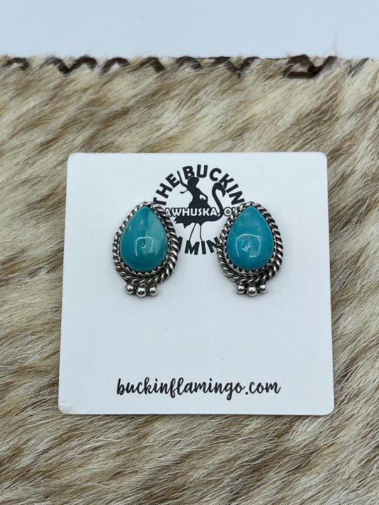 Kingman Turquoise Teardrop Post Earrings by Trish Largo, Navajo