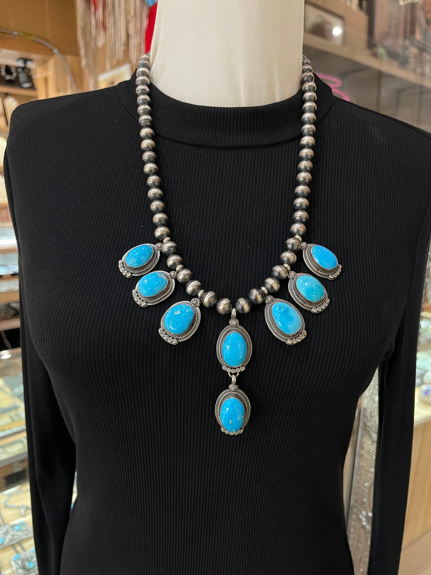 24"+3" 8 Stone Turquoise Lariat Necklace with Navajo Pearls by Gilbert Platero, Navajo