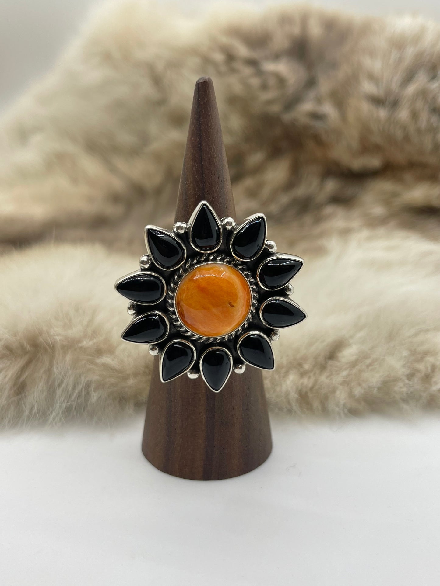8.0 Black Onyx & Orange Spiny Cluster Ring