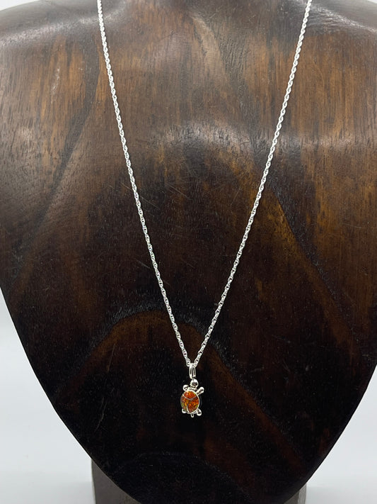 18" Orange Opal Inlay Turtle Necklace by Verona Yatsatie, Zuni
