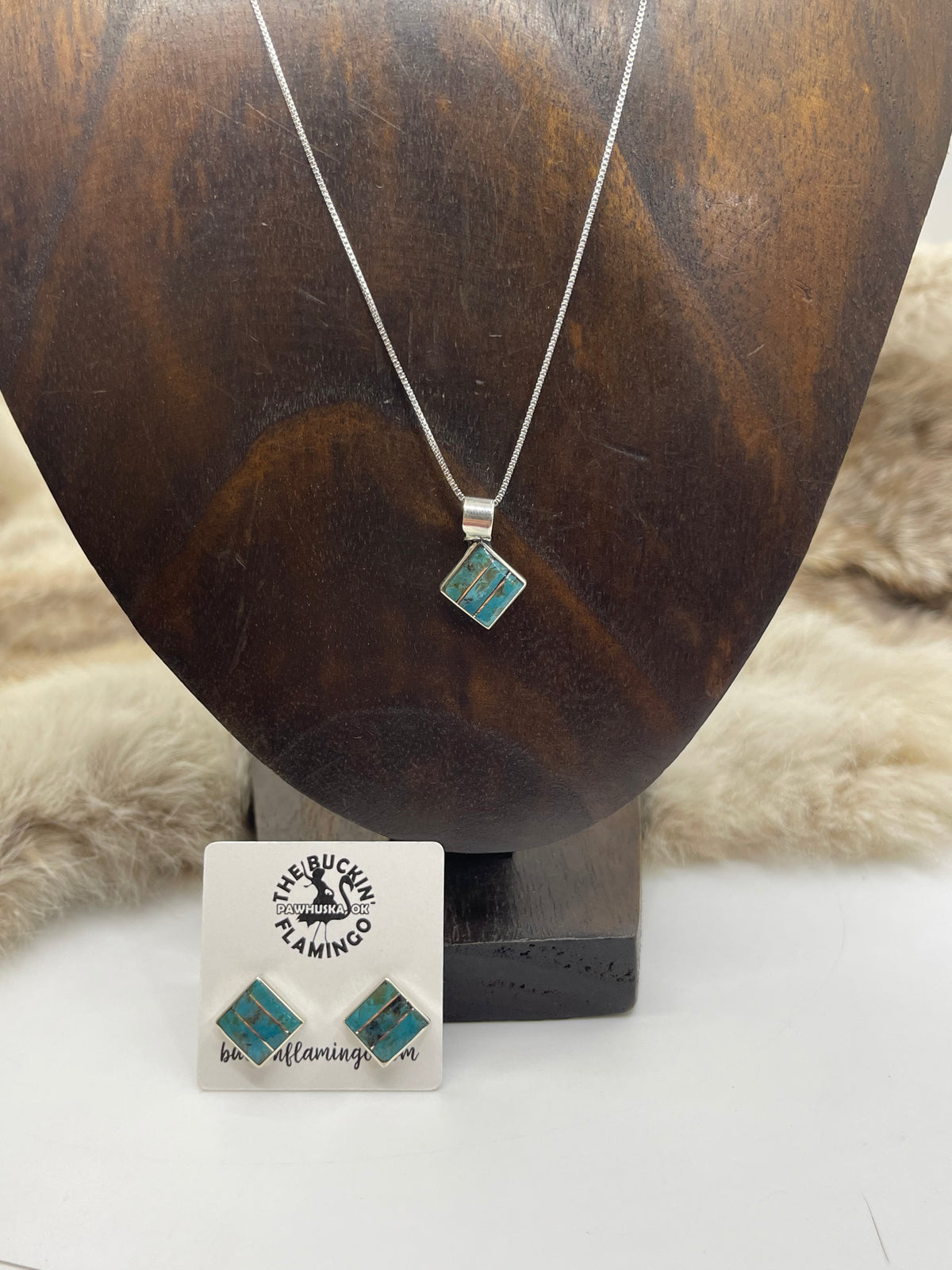 18" 5.9mm Bail Turquoise Inlay Earring & Necklace Set by Michelle Haloo, Zuni