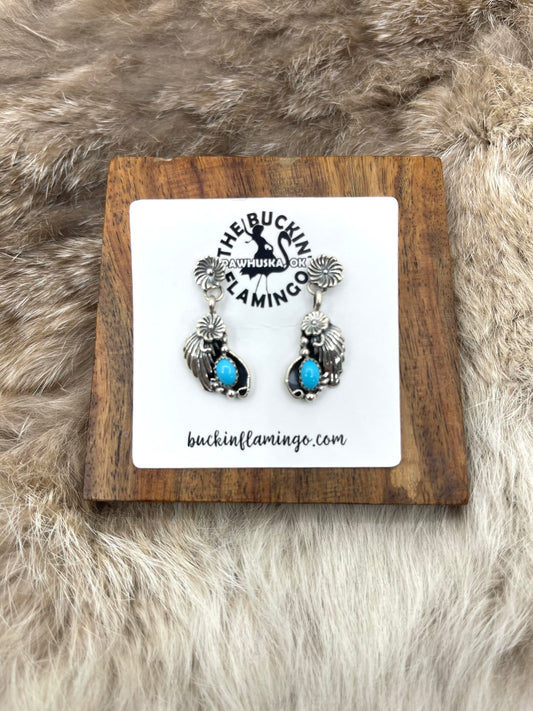 Flower Post Dangle Earrings W/Turquoise by Verley Betone, Navajo