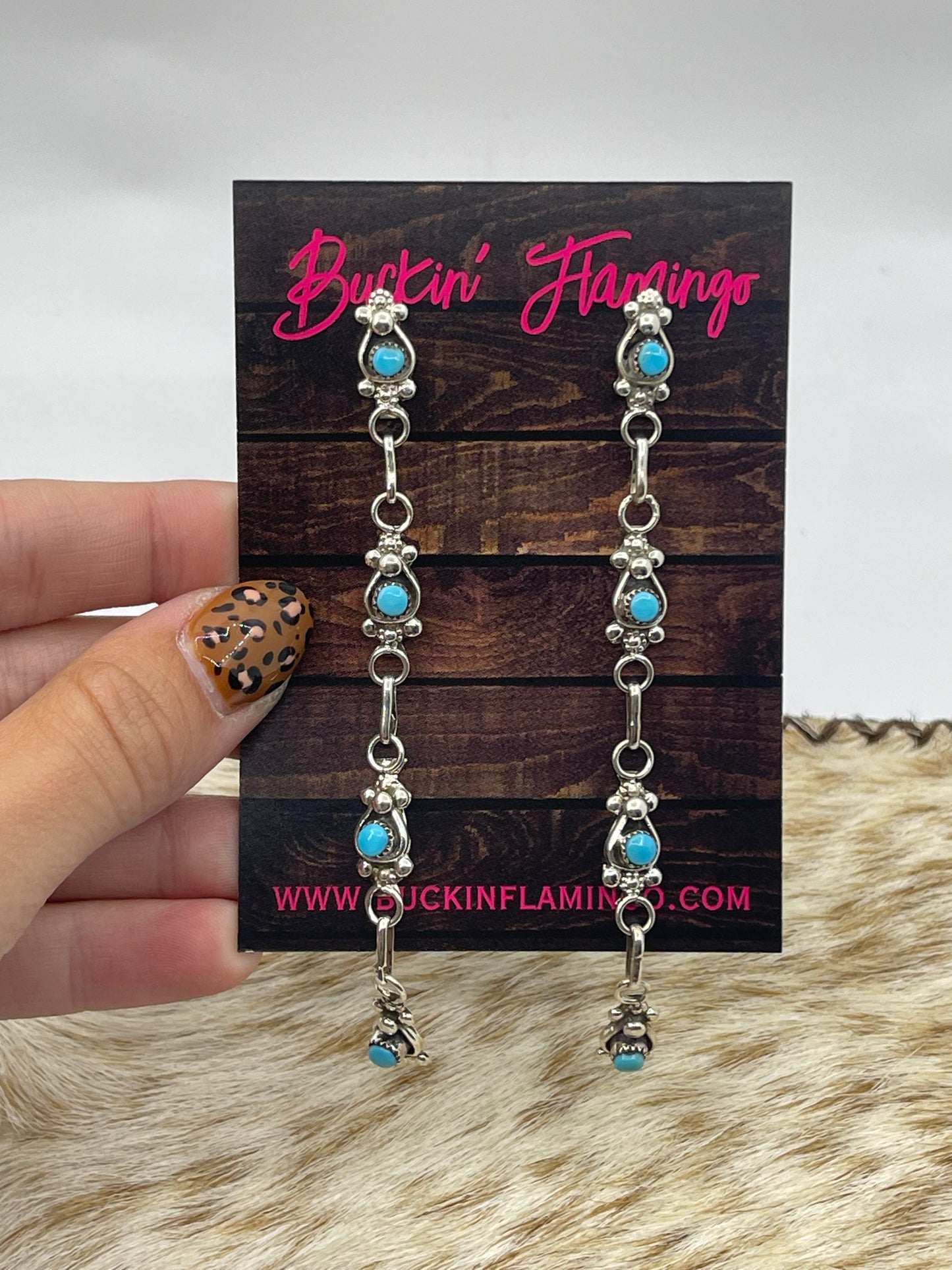 Zuni Turquoise Snake Eye Long Post Dangle Earrings by Verdi Booqua, Zuni