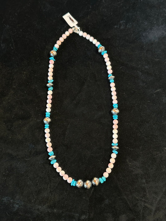 20" Pink Conch Shell and Turquoise Necklace with 10mm Navajo Pearls