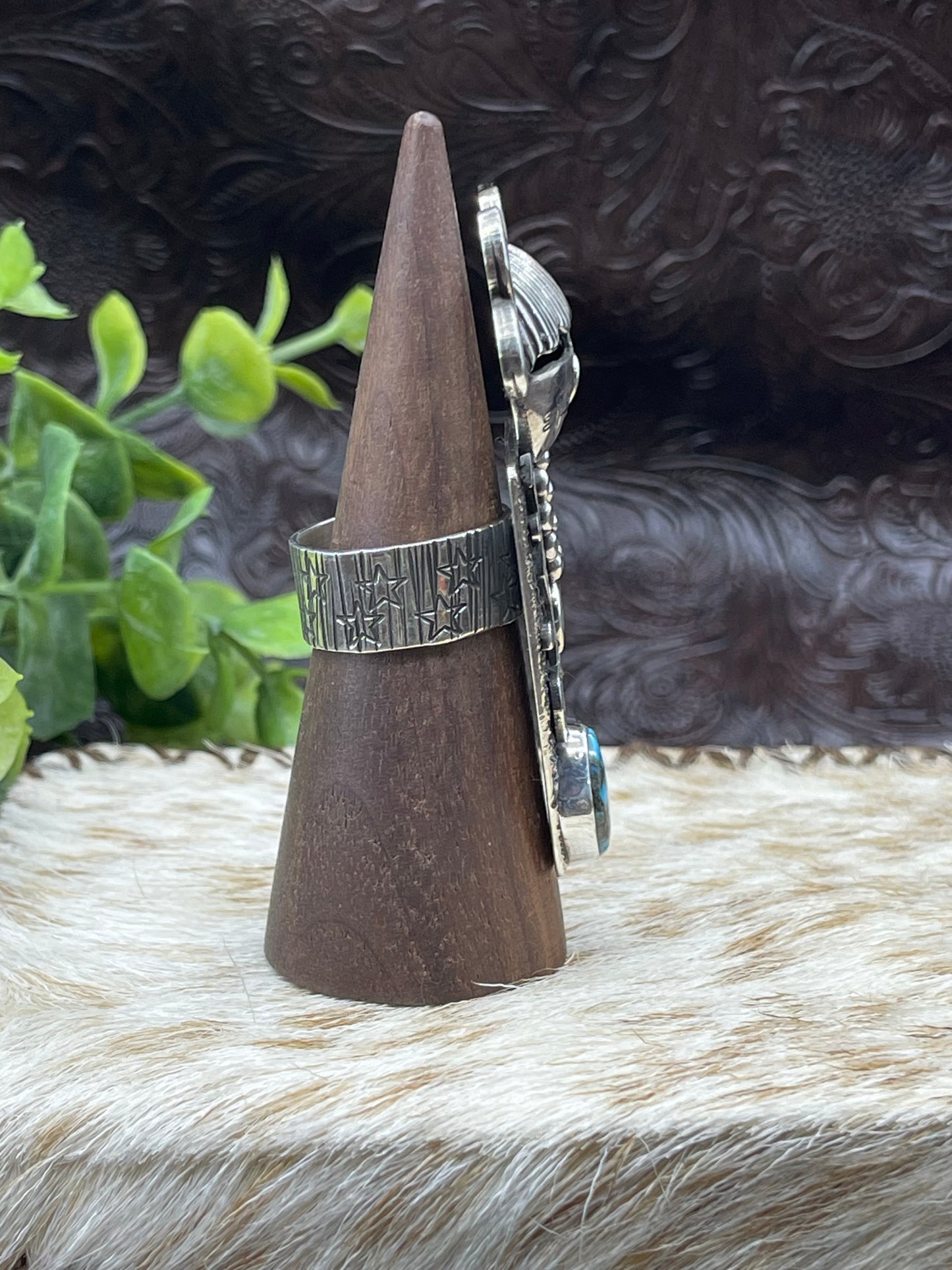 9.0 Maiden Face Ring with Kingman Web Turquoise Stone by Alex Sanchez, Navajo