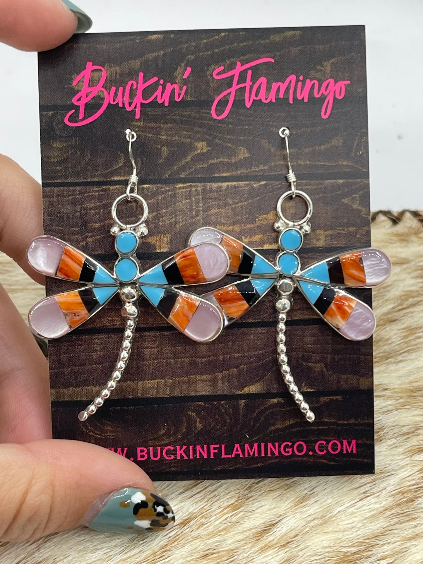 Turquoise, Black Onyx, Spiny, and Mother of Pearl Dragonfly Dangle Earrings by Angus Ahiyite, Zuni
