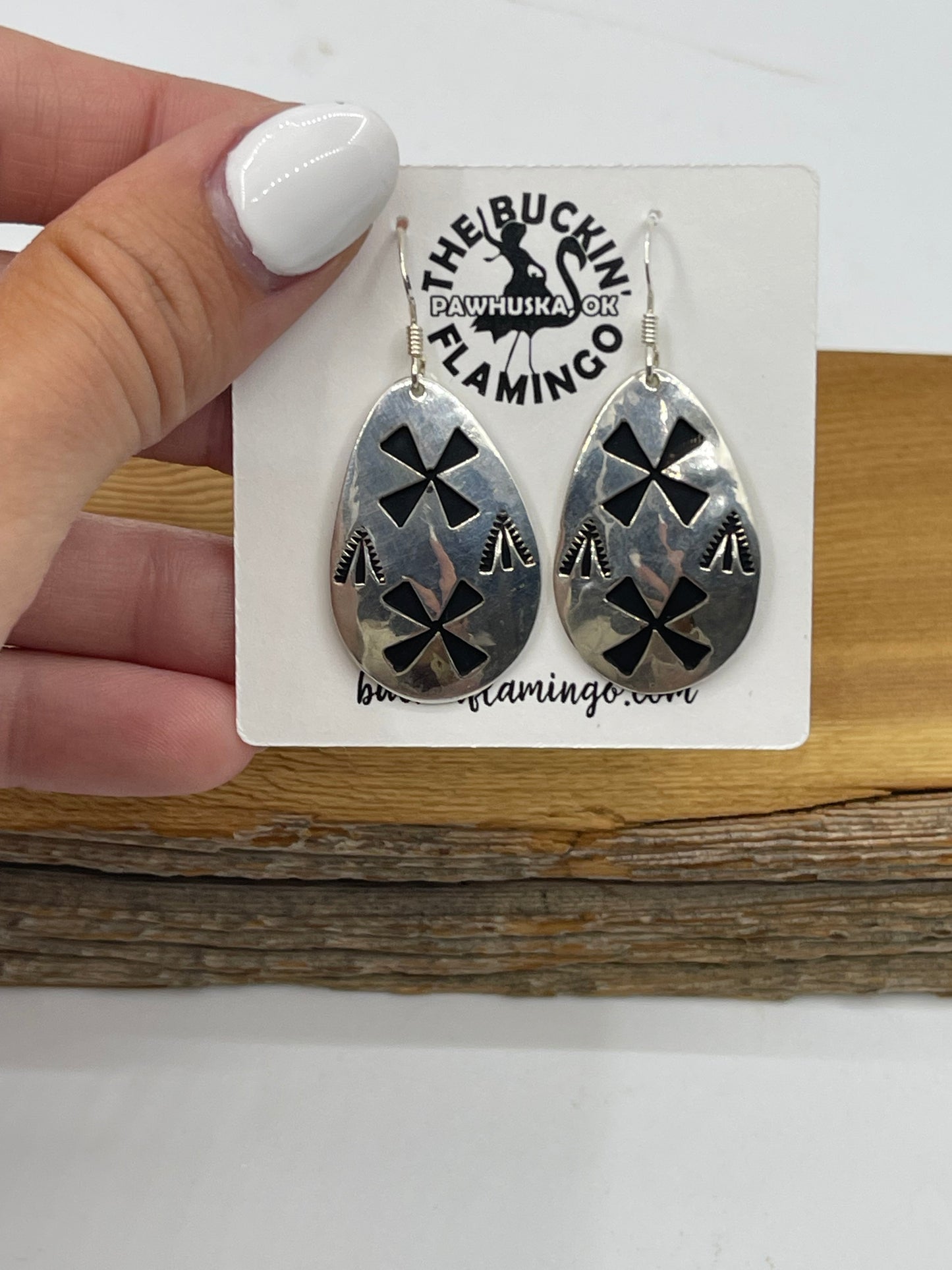 Silver Overlay Teardrop Dangle Earrings by Tommy and Rose Singer, Navajo