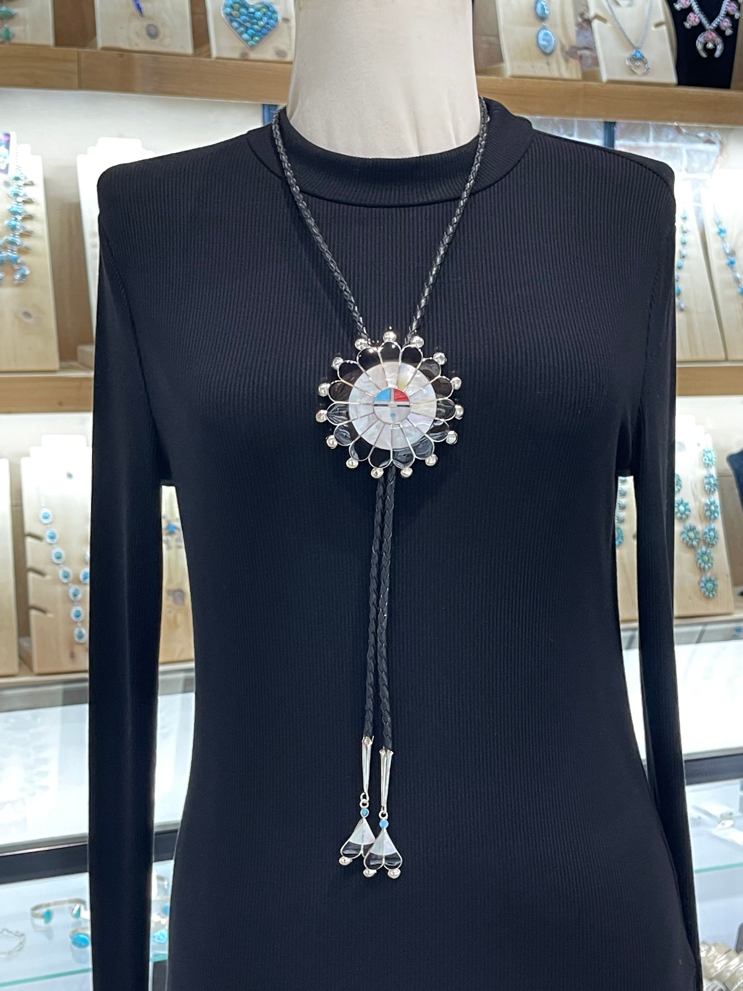Inlay Zuni Sunface Bolo Tie by Pauline Lonjose, Zuni