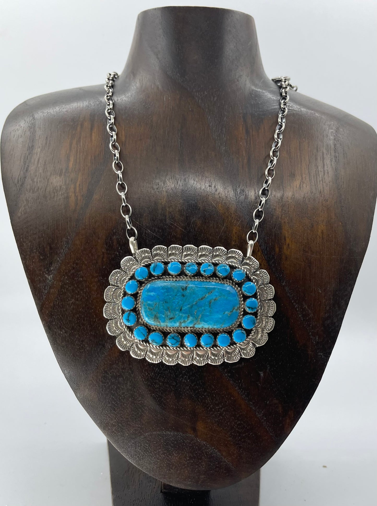 18" Kingman Turquoise Cluster Bar Necklace by Larry Etsitty, Navajo