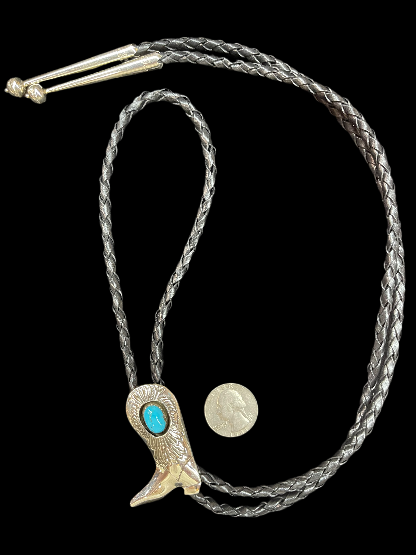 Sleeping Beauty Turquoise Cowboy Boot Bolo Tie by Shirley Skeets, Navajo