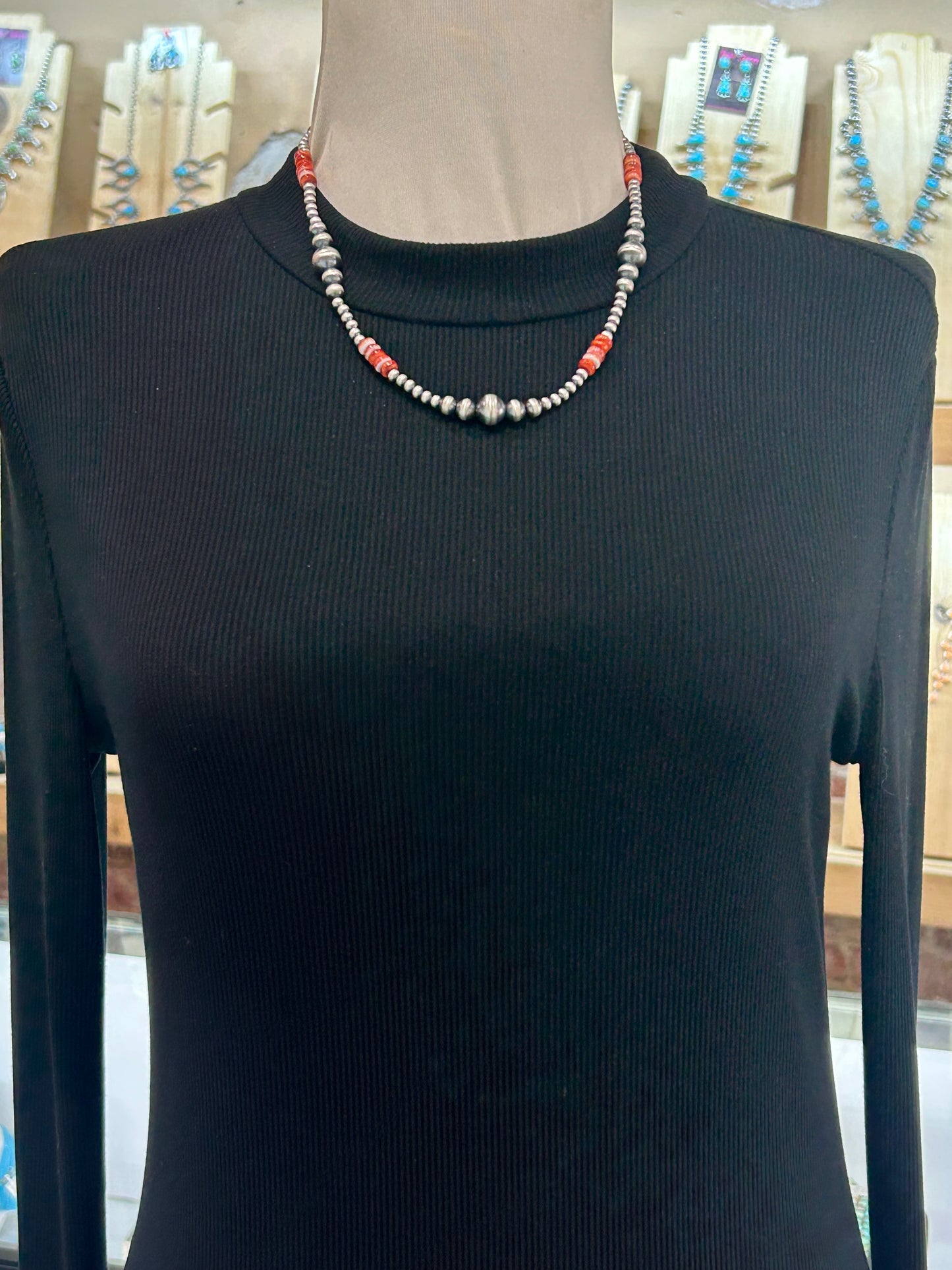 19"+1.5" Red Spiny Oyster Navajo Style Pearl Necklace