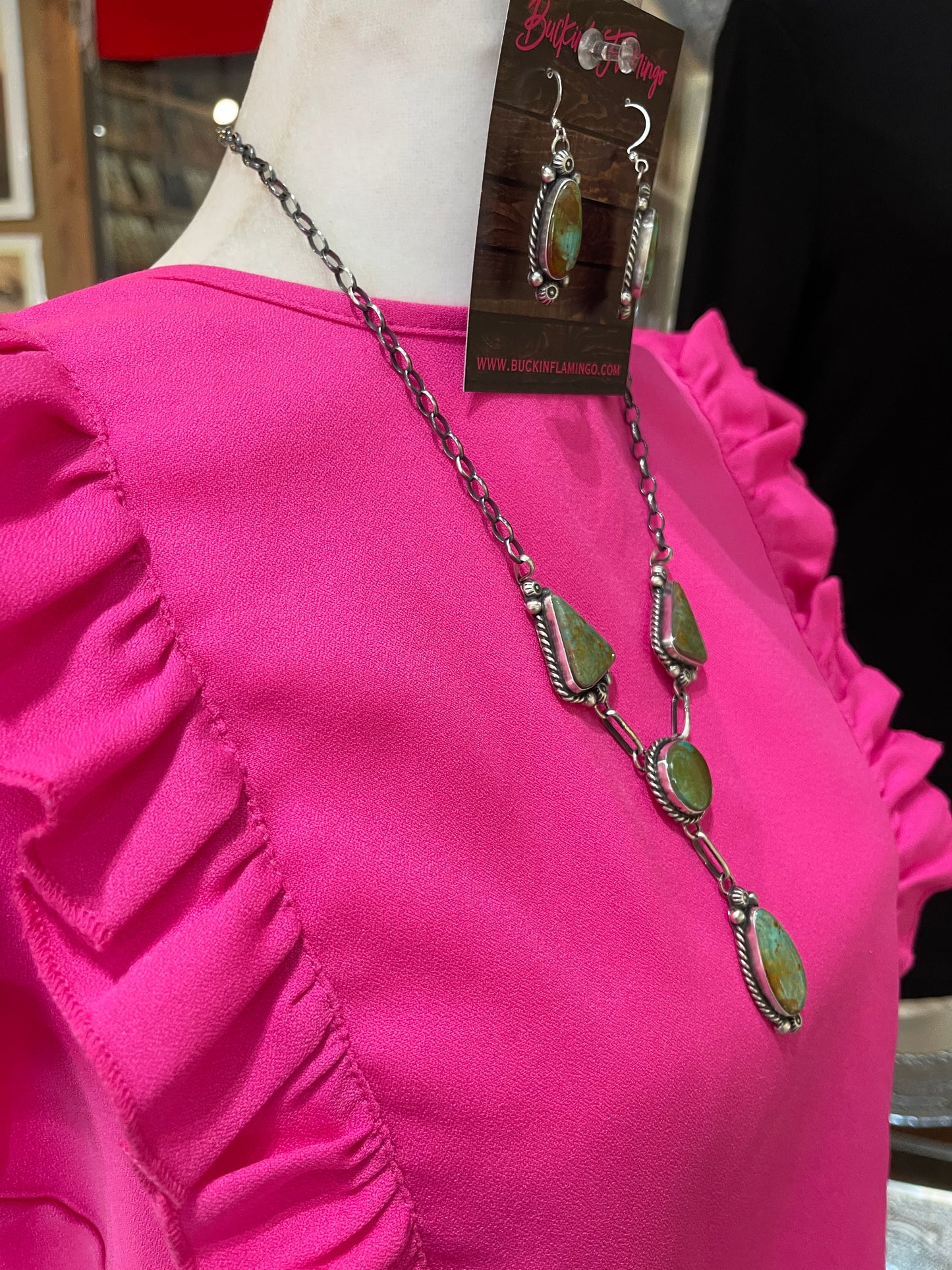 24" Turquoise Lariat Necklace and Dangle Earrings Set by Anne Spencer, Navajo