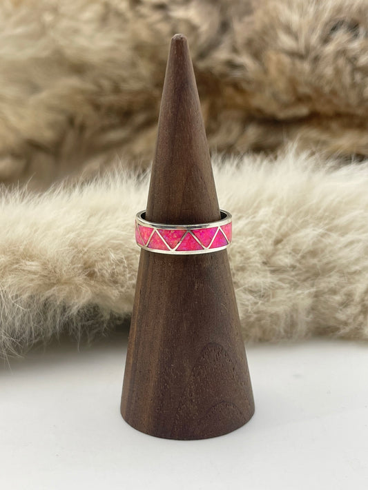 7.0 Hot Pink Opal Zig Zag Inlay Ring by Joann Peina, Zuni