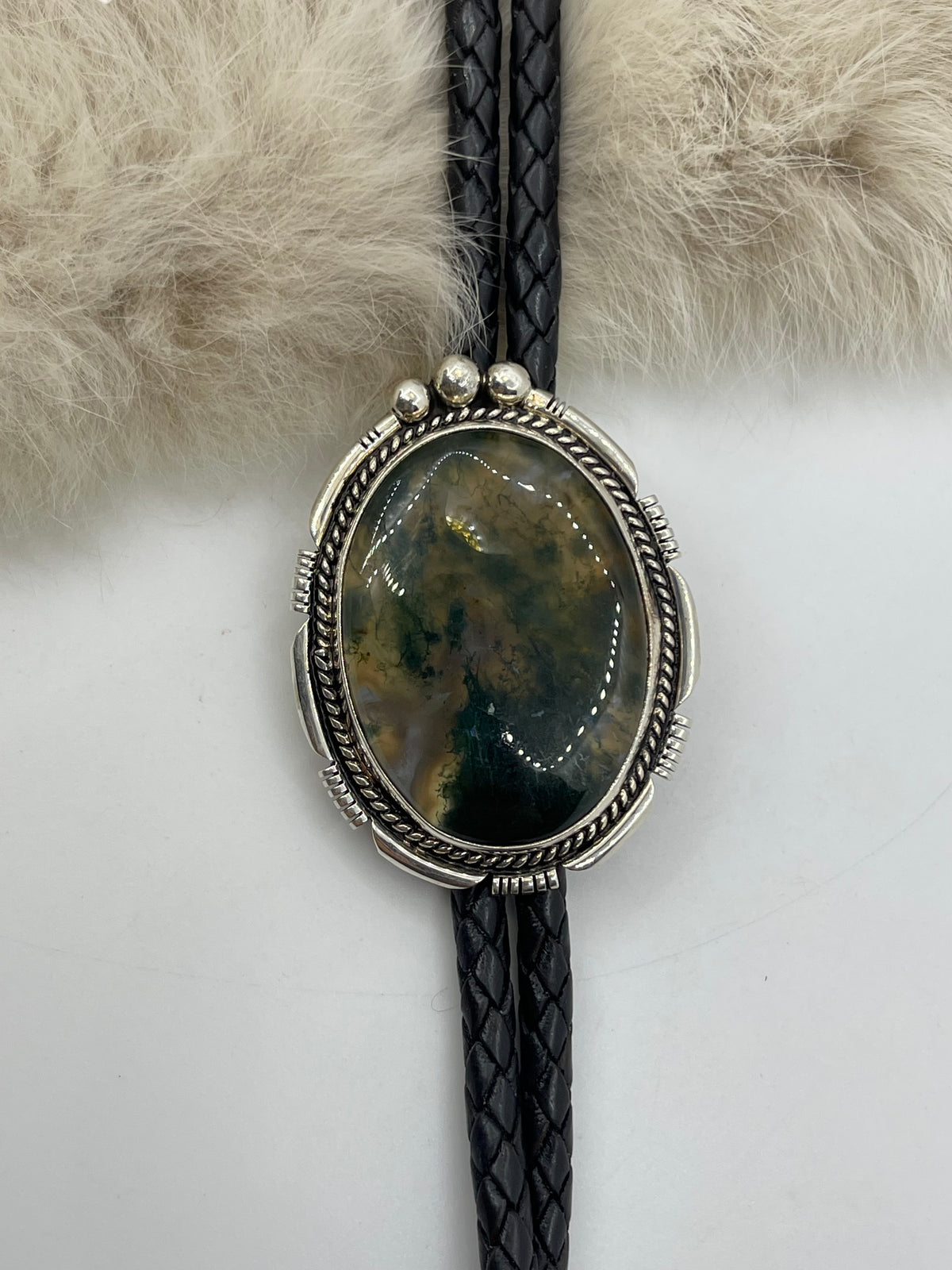 Moss Agate Bolo Tie by Joelias Draper, Navajo