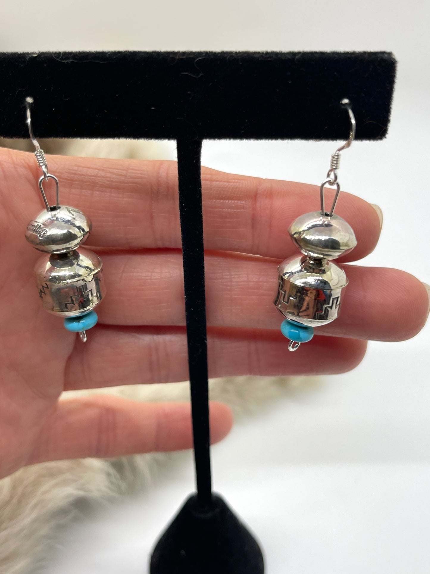 Handmade Navajo Pearls Dangle Earrings with Turquoise by Tylena Nez, Navajo