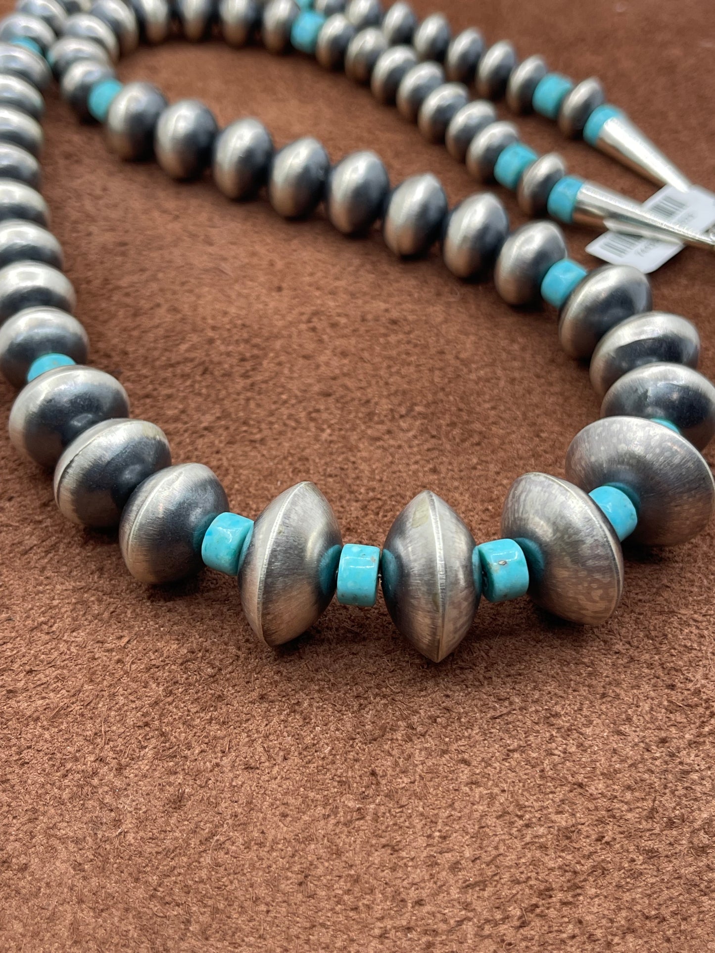 28" 11mm-22mm Handmade Navajo Pearls and Graduated Turquoise Necklace and Earrings Set by Sharon Cooley, Navajo