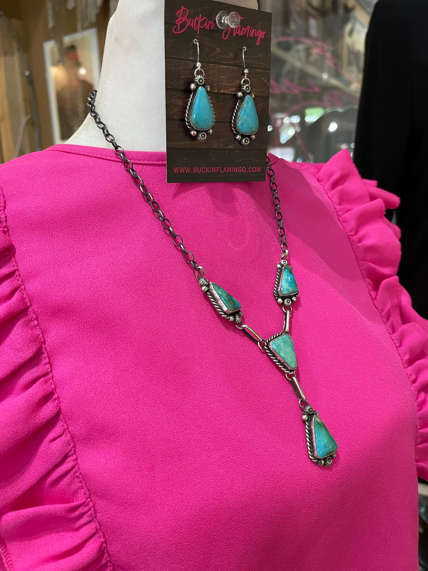 24" Turquoise Lariat Necklace and Dangle Earrings Set by Augustine Largo, Navajo