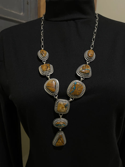 24" Boulder Ribbon Turquoise Lariat Necklace by LP, Navajo