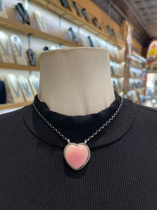 17" Pink Conch Shell Heart Necklace by Johnny Dixon, Navajo