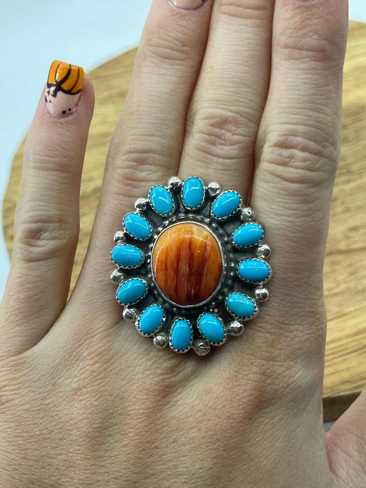 Adjustable Turquoise and Orange Spiny Cluster Ring