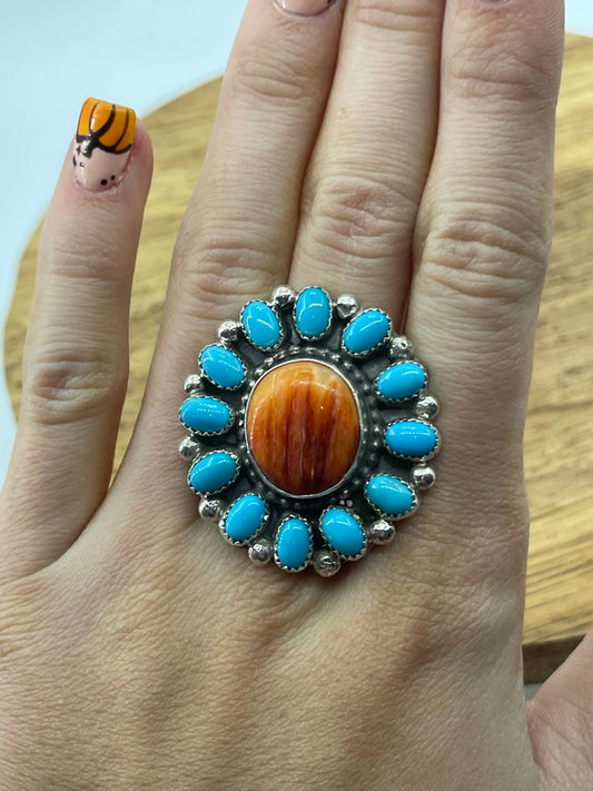 Adjustable Turquoise and Orange Spiny Cluster Ring