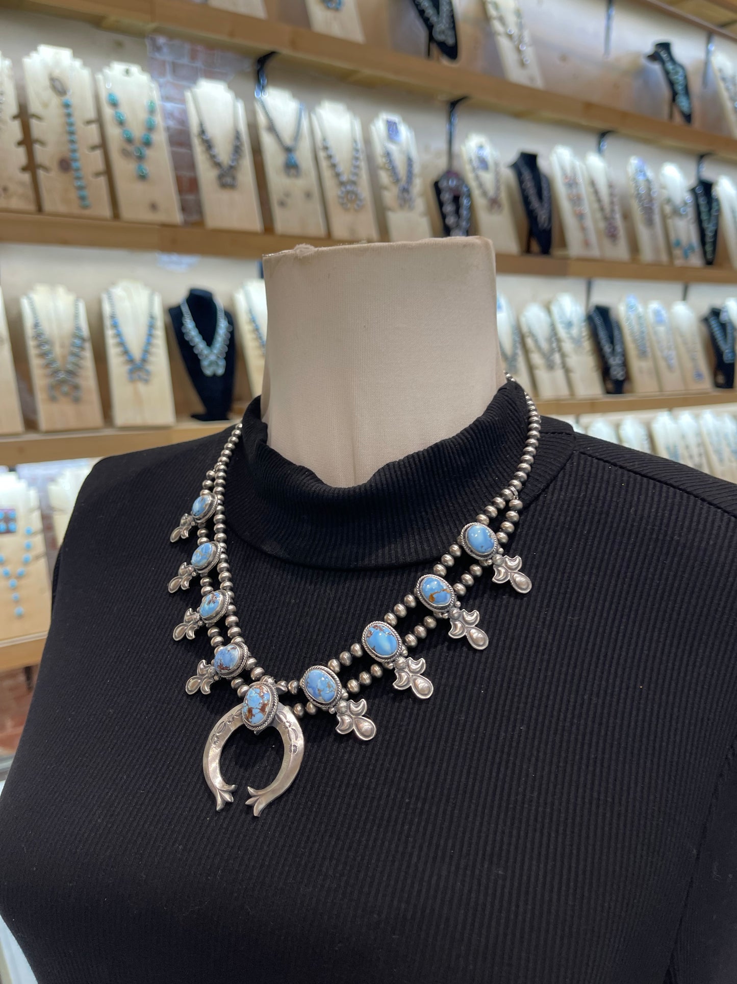 20” Golden Hills Turquoise Squash Blossom Necklace & Earring Set by Adrienne P. Gordon, Navajo