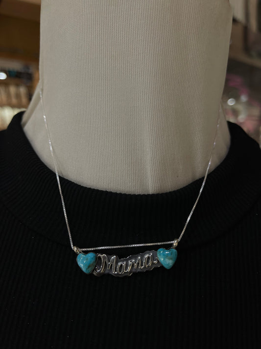 18" Turquoise Heart "MAMA" Necklace by Myra Benally, Navajo