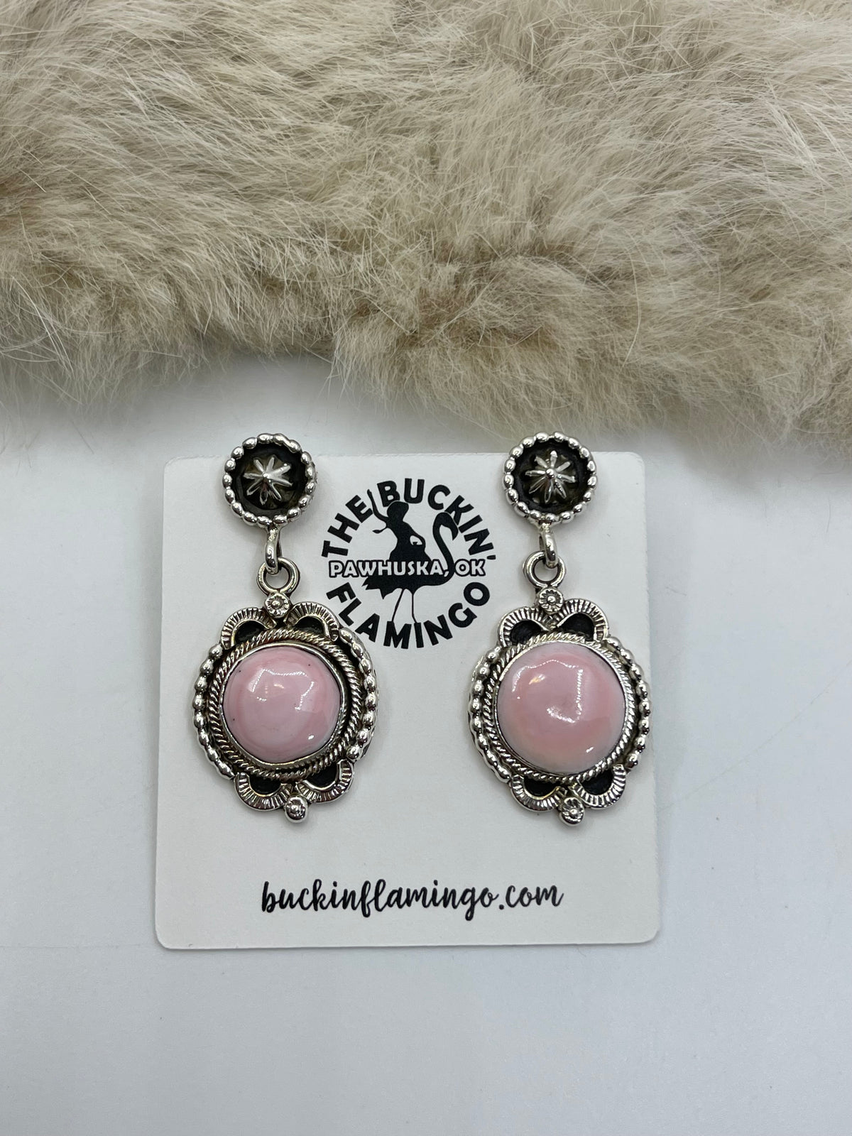 Pink Conch Shell Dangle Earrings by Sheena Jack, Navajo