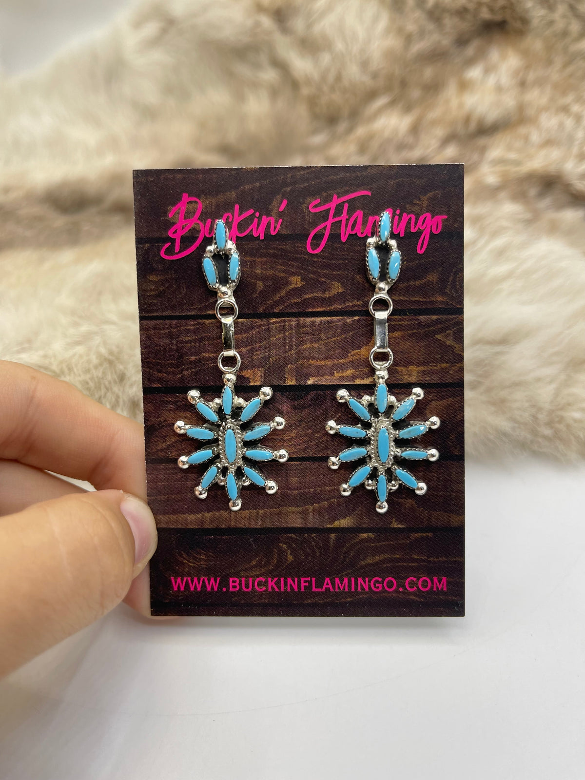 Turquoise Needlepoint Star Post Dangle Earrings by Evonne Hustito, Zuni