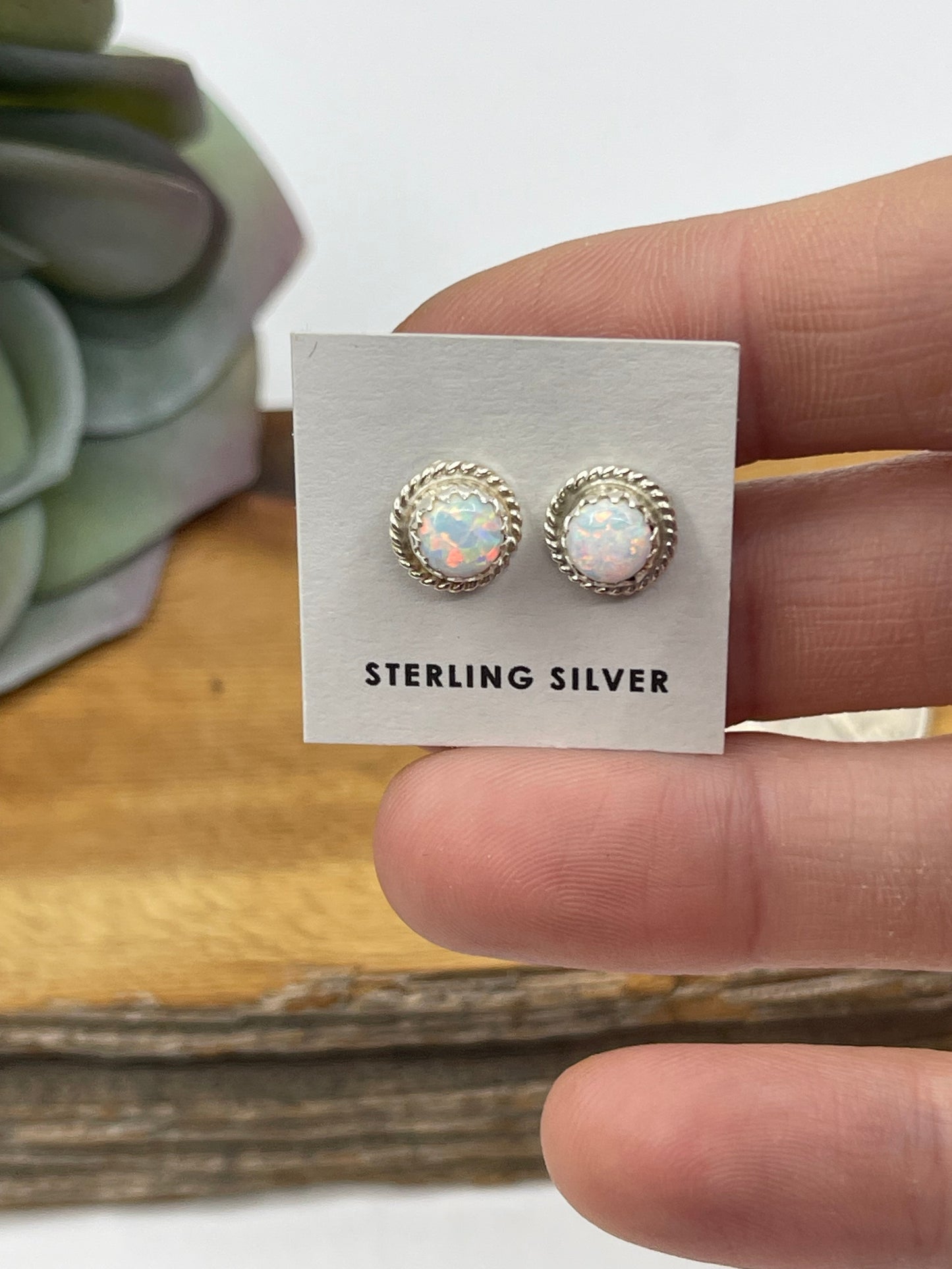 White Opal Circle Post Earrings by Larson Chee, Navajo