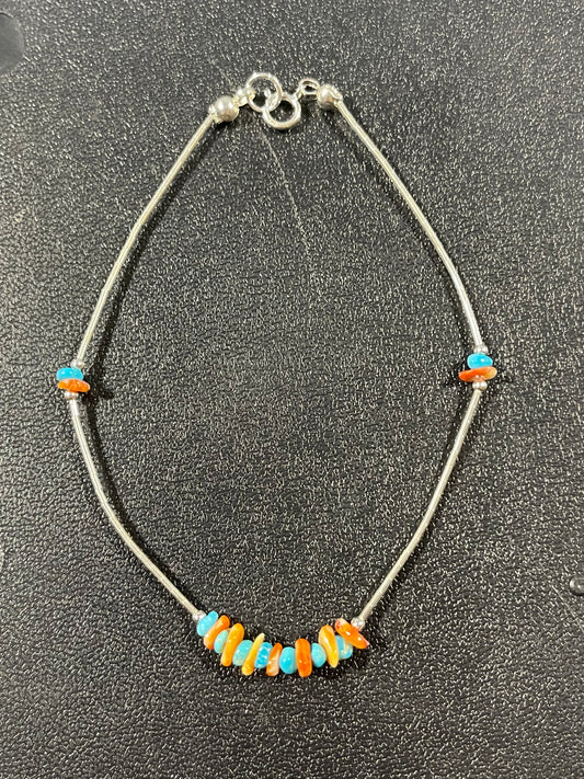 Spiny Oyster and Sleeping Beauty Turquoise Anklet 9-inch