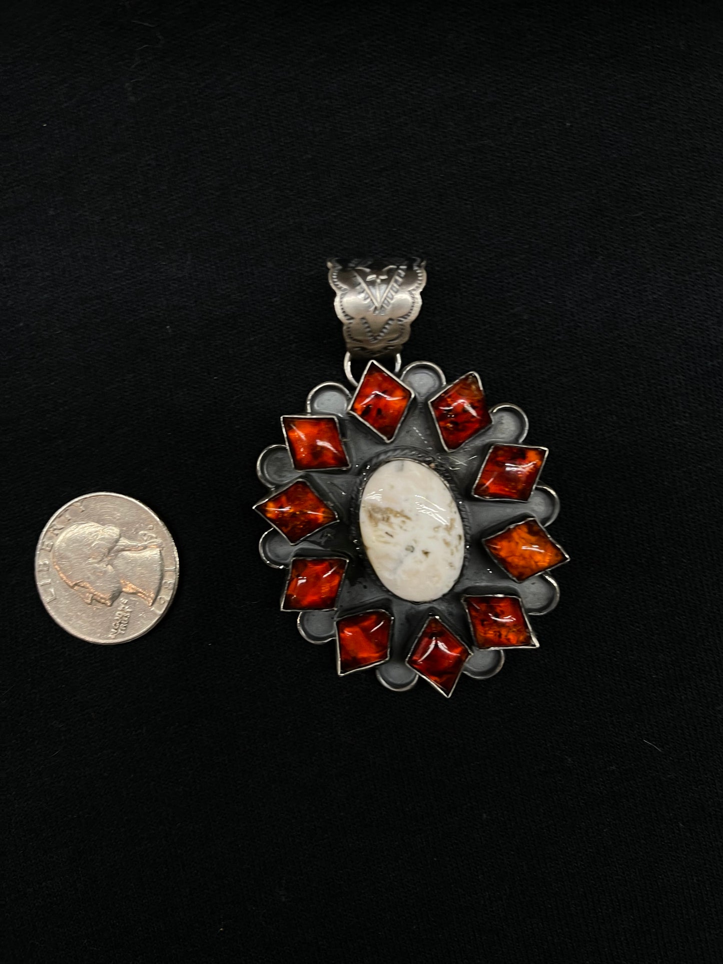 Amber and White Buffalo Pendant with a 10.2mm Bale by T. Nez, Navajo